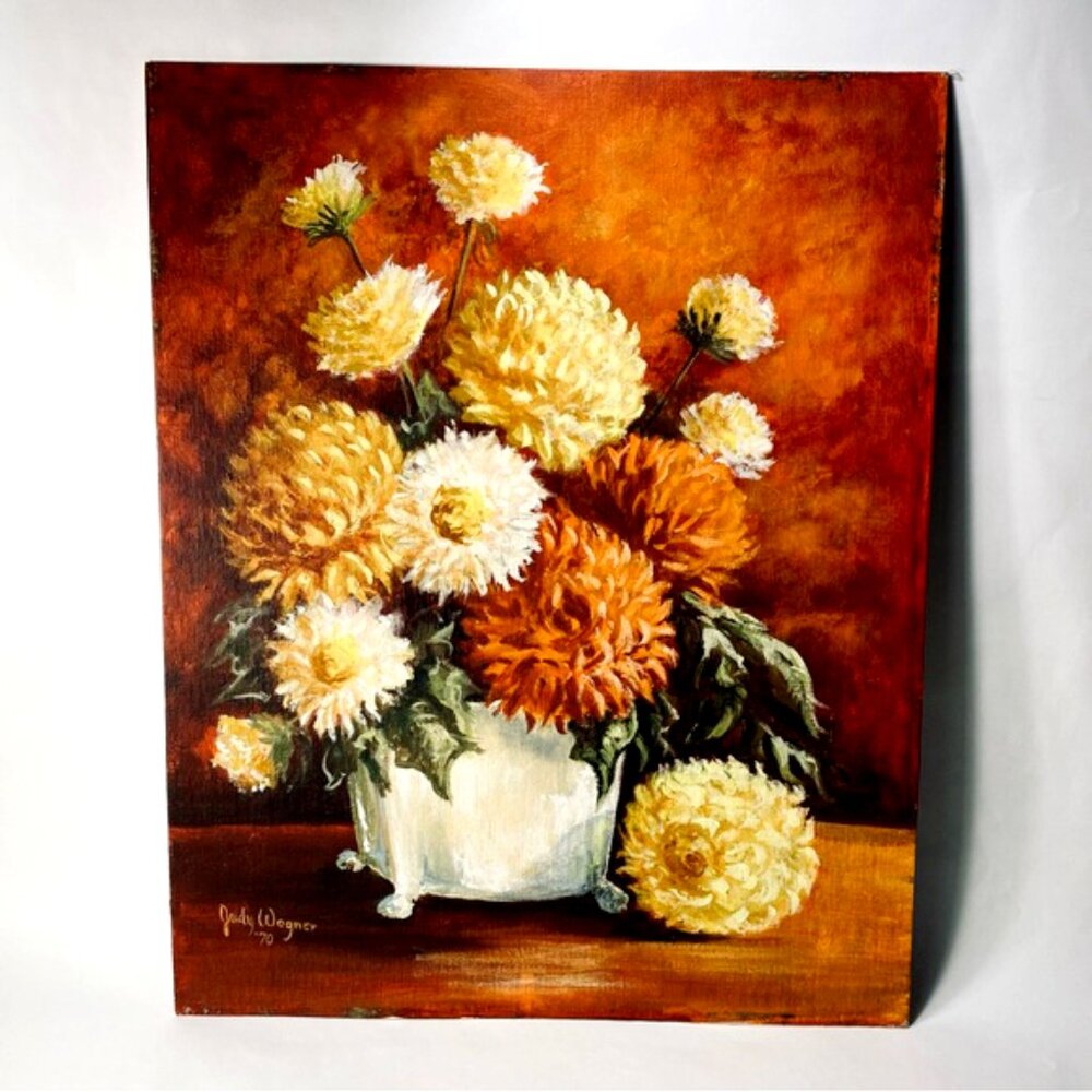 Vintage Original Oil  Board by Judy Wagner 1970 Chrysanthe Flowers